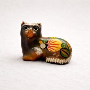 Vintage Tonala Mexican Pottery Hand Painted Cat